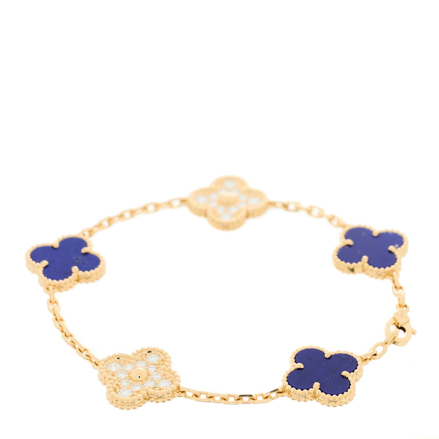 18K Yellow Gold Diamond Lapis Lazuli 5 Motifs Vintage Alhambra Bracelet