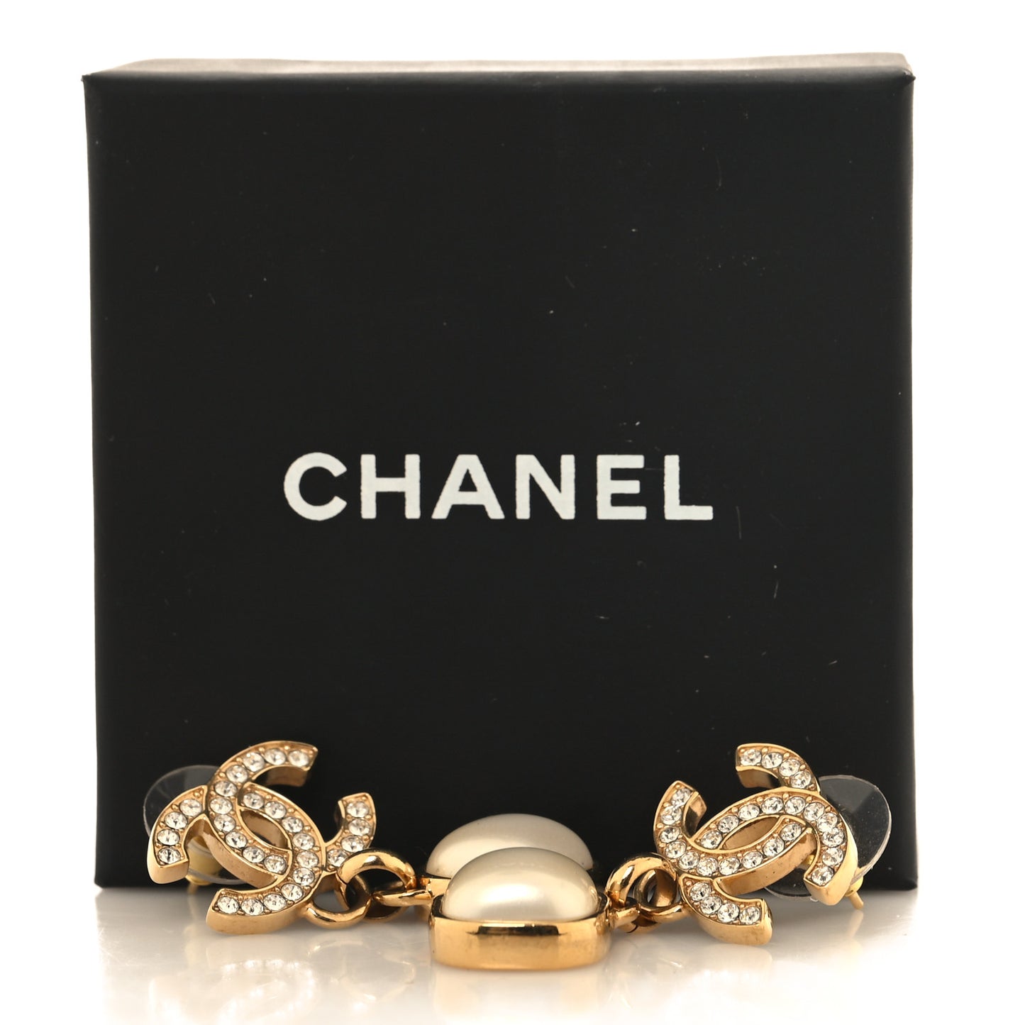 Metal Crystal Pearl CC Drop Earrings Gold