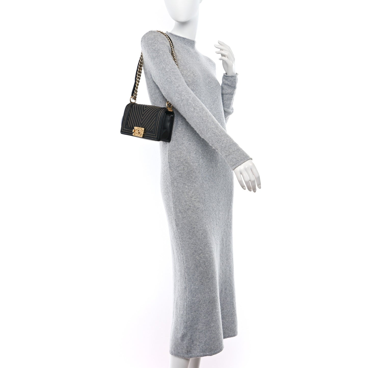 Lambskin Chevron Chain Stitched Small Boy Flap Black