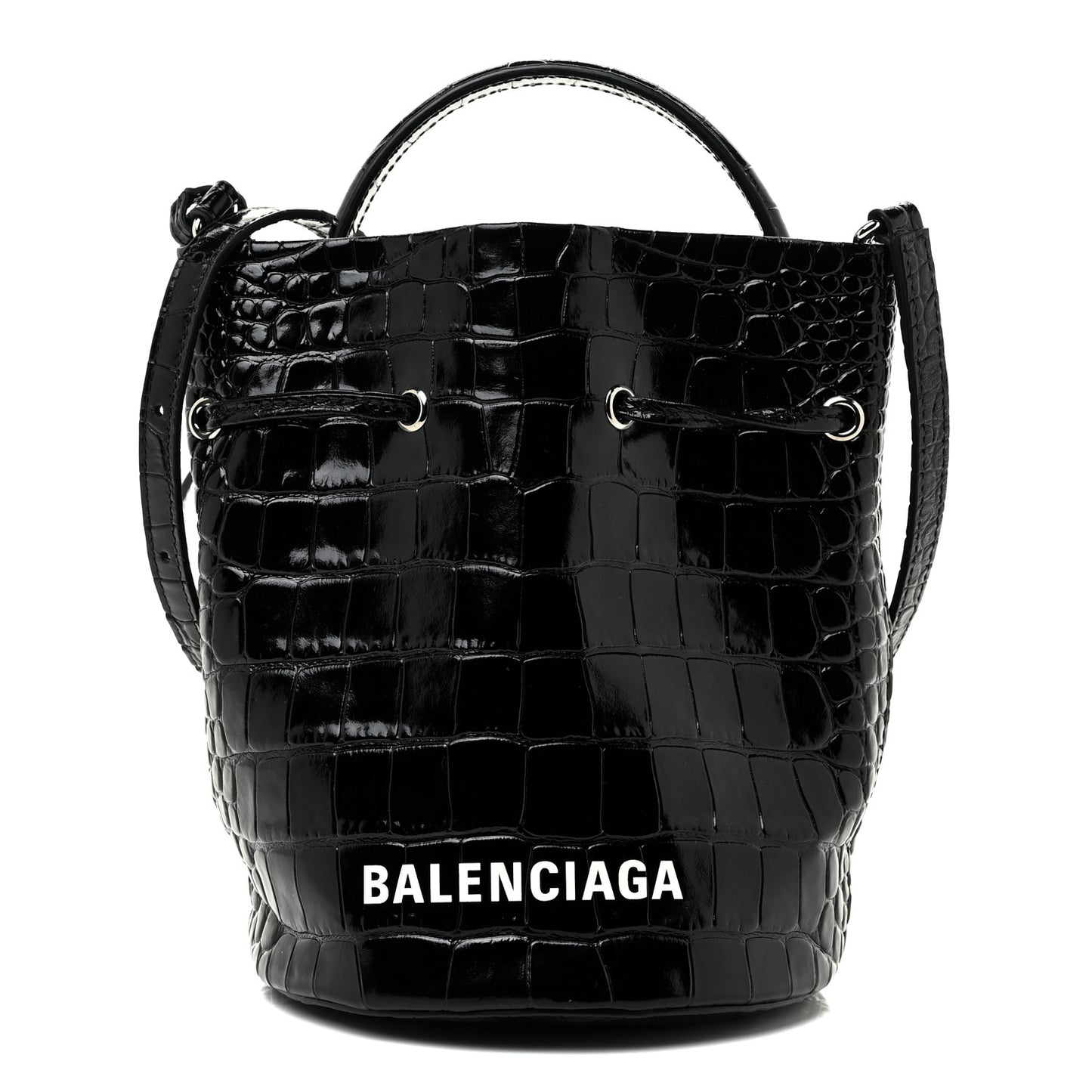Shiny Calfskin Logo Crocodile Embossed XS Everyday Bucket Bag Black