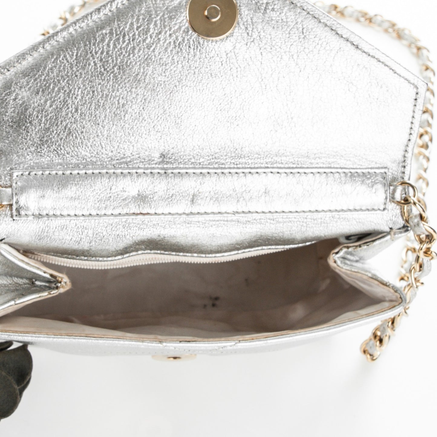 Metallic Lambskin Quilted Camellia Small Flap Silver