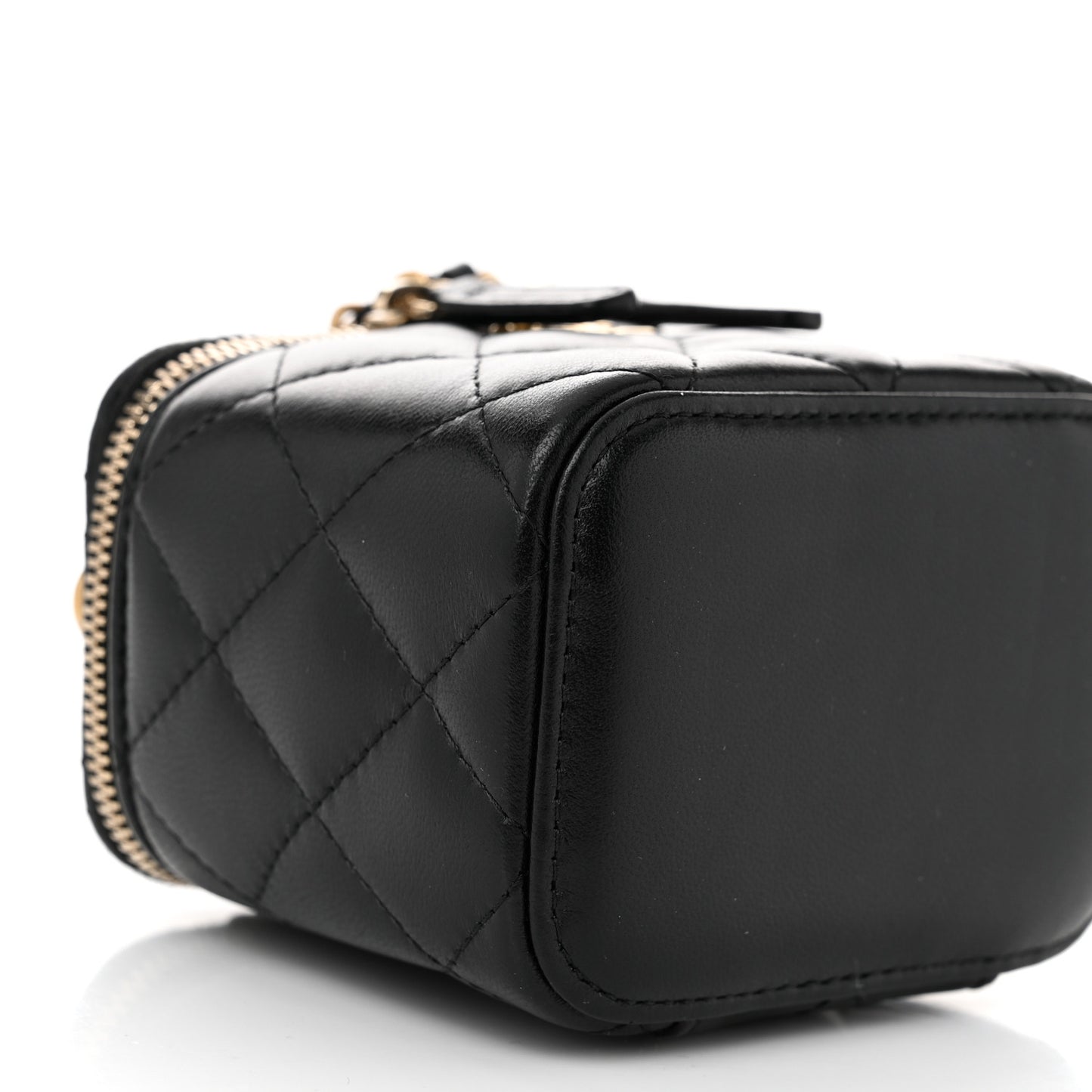 Lambskin Quilted Top Handle Mini Vanity Case With Chain Black