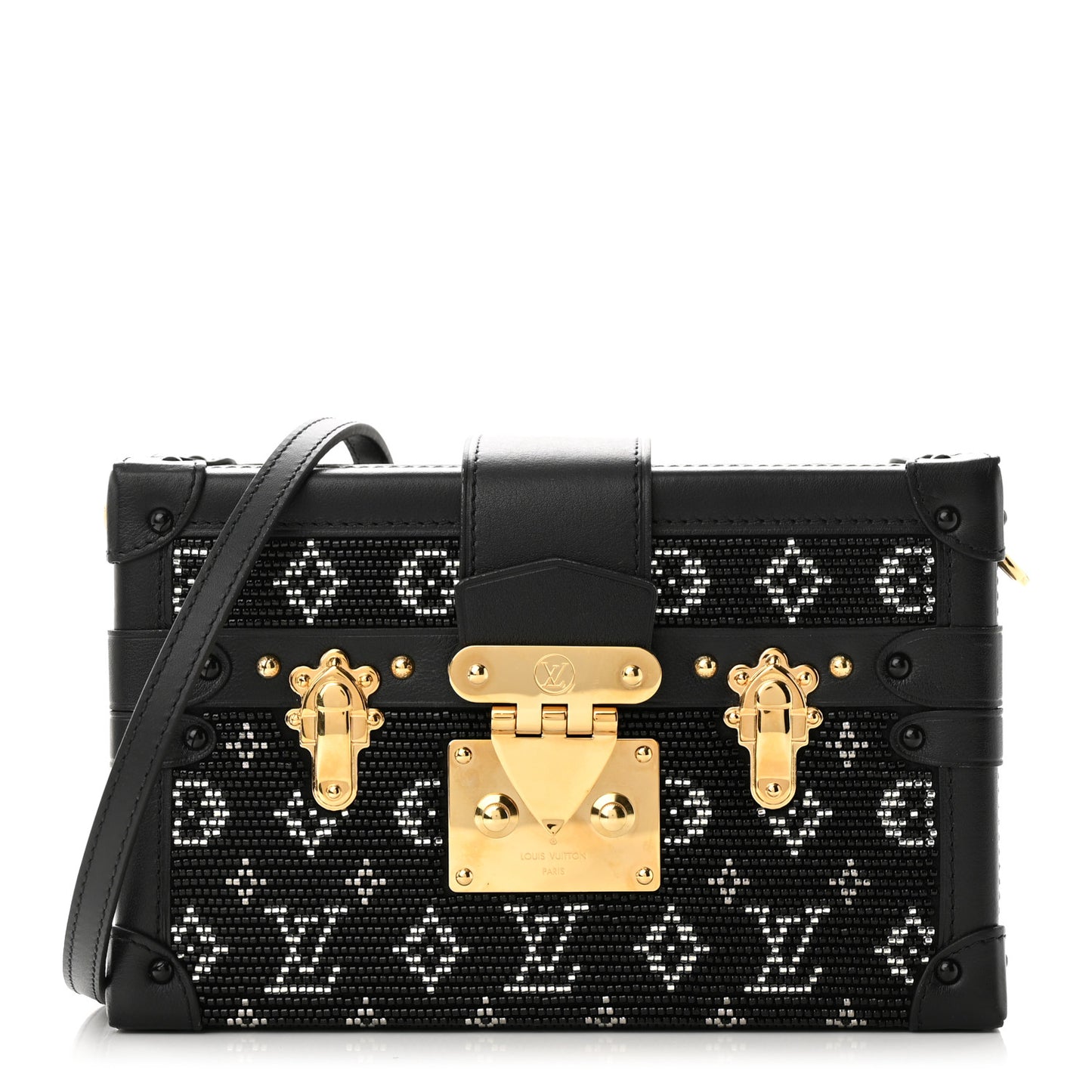 Calfskin Beaded Monogram Petite Malle Black