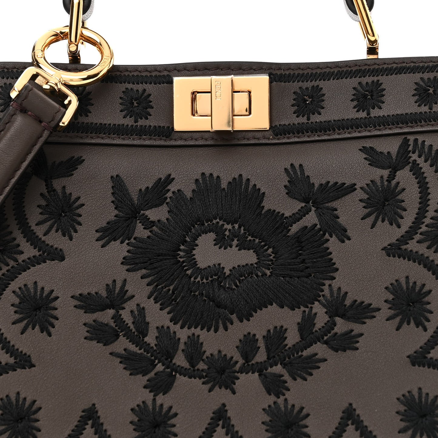 Vitello Seta Shiny Nappa Floral Embroidered Petite Peekaboo I SEE U Satchel Carbone Black