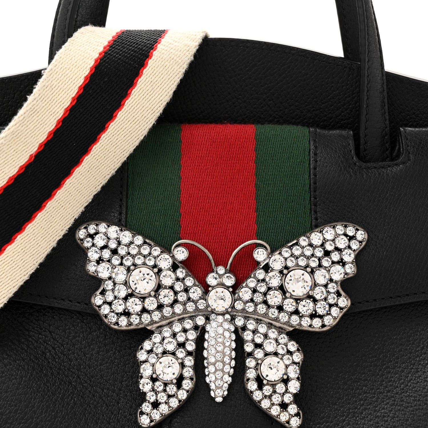 Gucci Grained Calfskin Web Crystal Butterfly Stripe Medium Totem Top Handle Bag Black 8 of 14