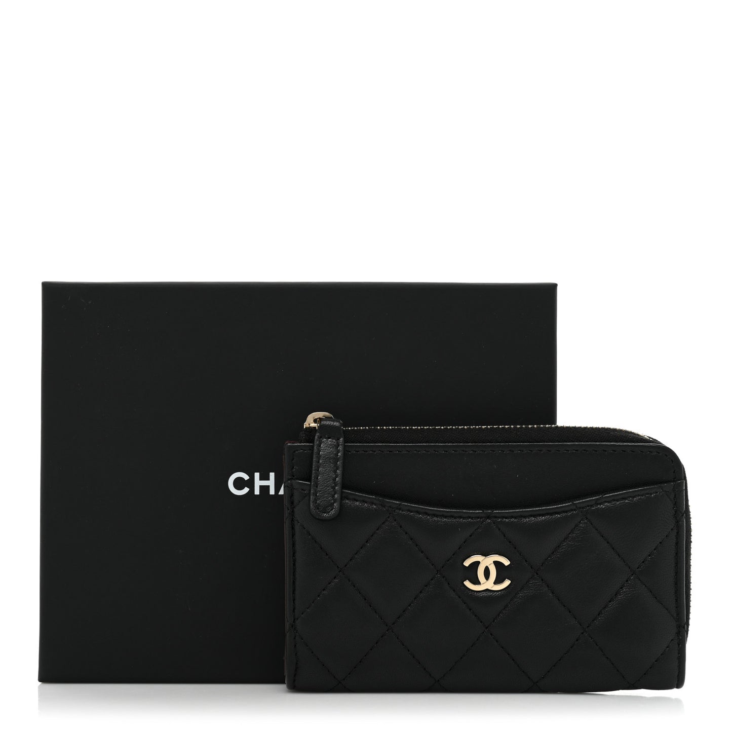 Lambskin Quilted Zip Card Holder Black