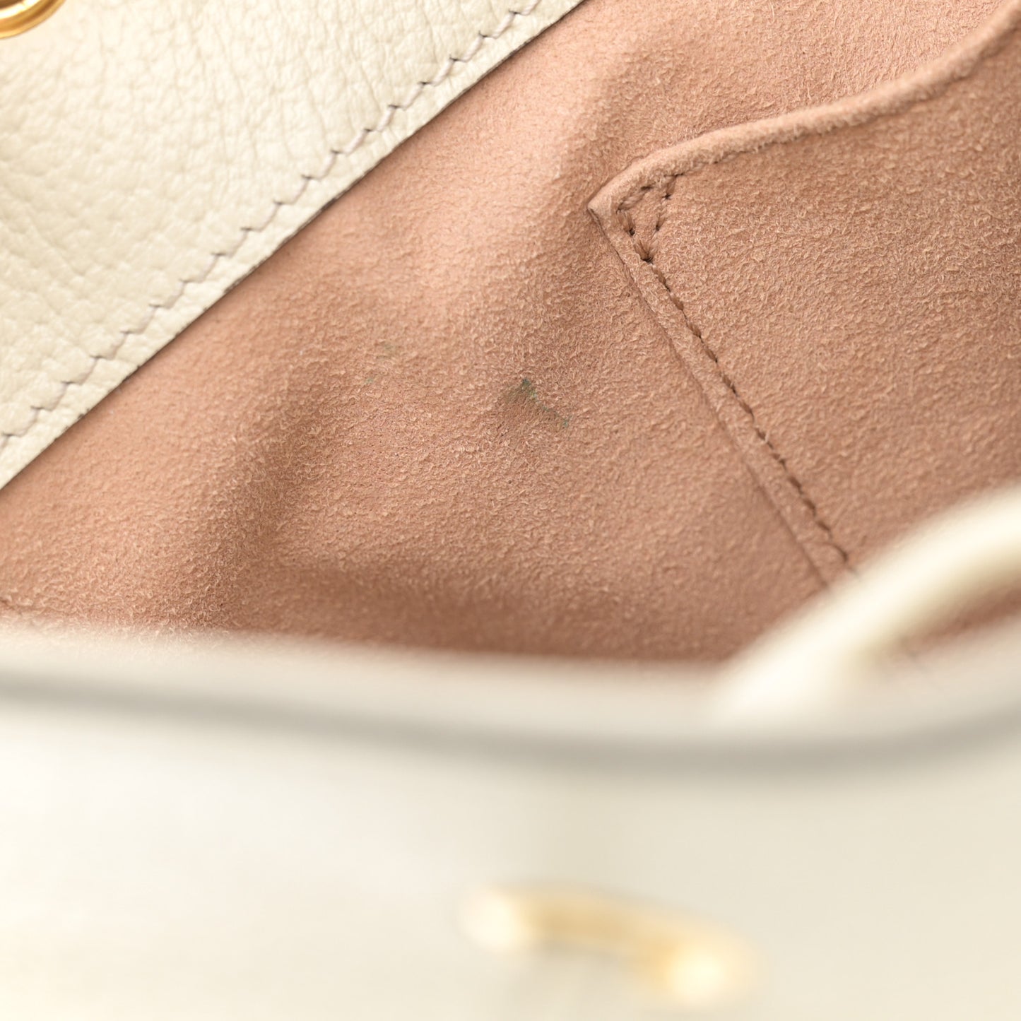 Glazed Textured Calfskin Web Small Ophidia Bucket Bag Mystic White