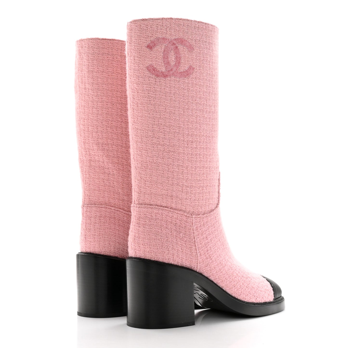 Wool Tweed Calfskin Cap Toe High Boots 39.5 Light Pink Black