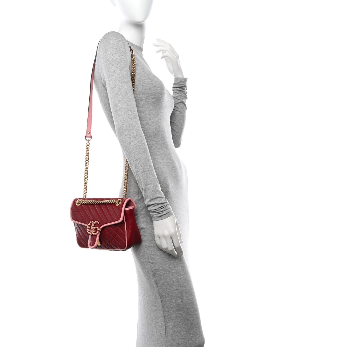 Azalea Calfskin Enamel Matelasse Diagonal Small Torchon GG Marmont Shoulder Bag New Cherry Red Wild Rose