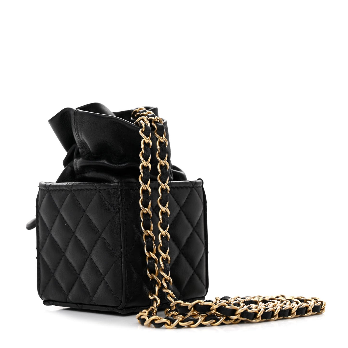 Calfskin Quilted Mini Drawstring Bucket Bag Black