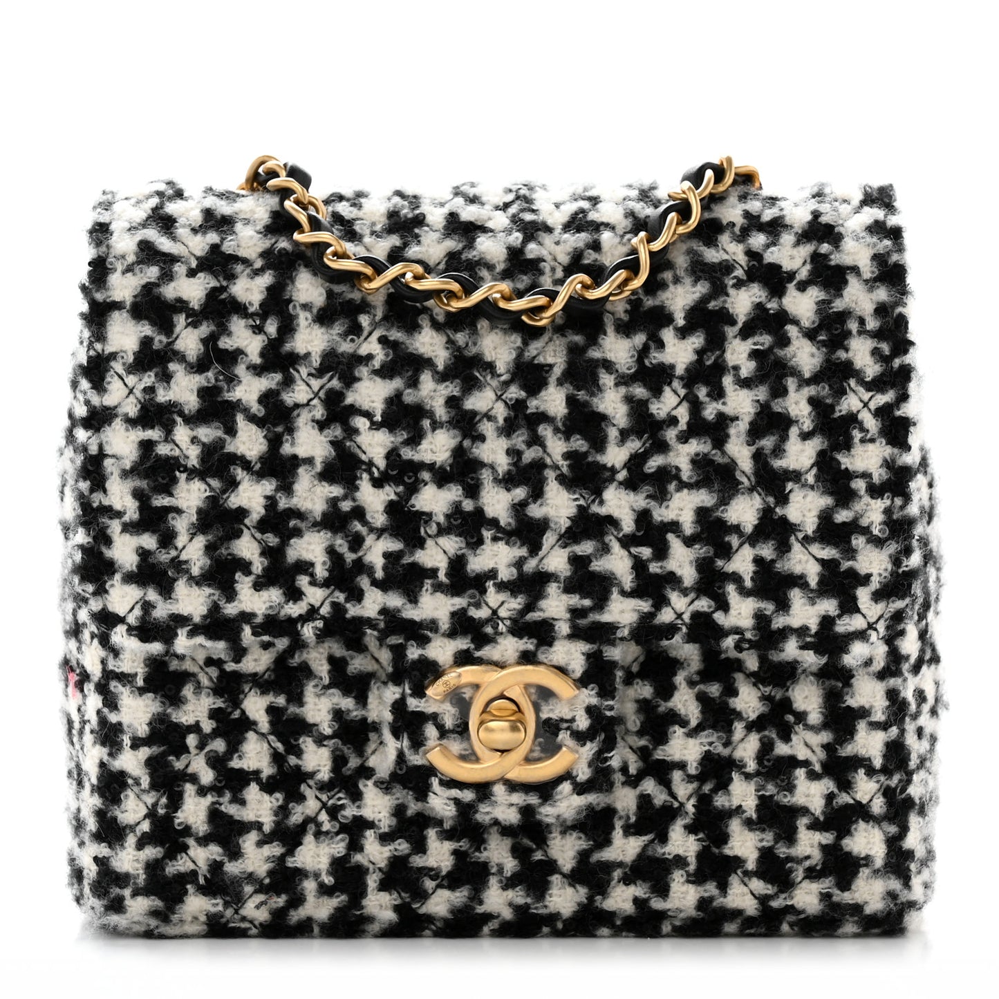Tweed Houndstooth Quilted Mini Square Flap White Black