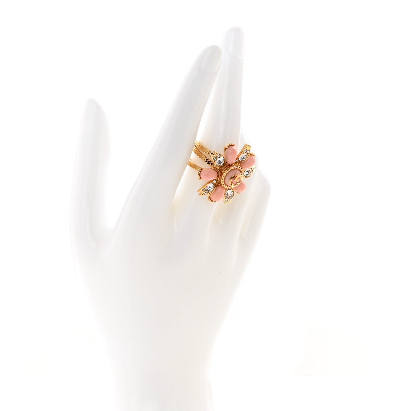 Metal Crystal Resin Interlocking G Flower Ring M Gold Pink