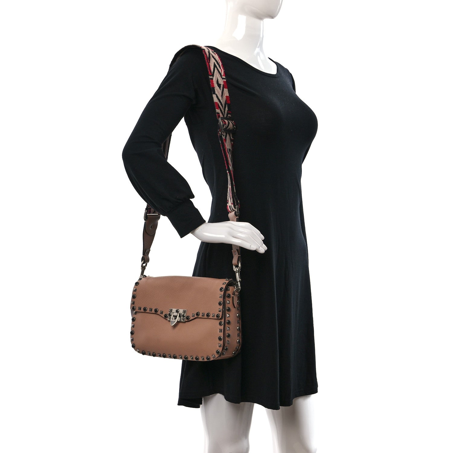 Valentino Garavani Grained Calfskin Onyx Medium Guitar Strap Rockstud Rolling Flap Saddle Bag Soft Noisette 2 of 8