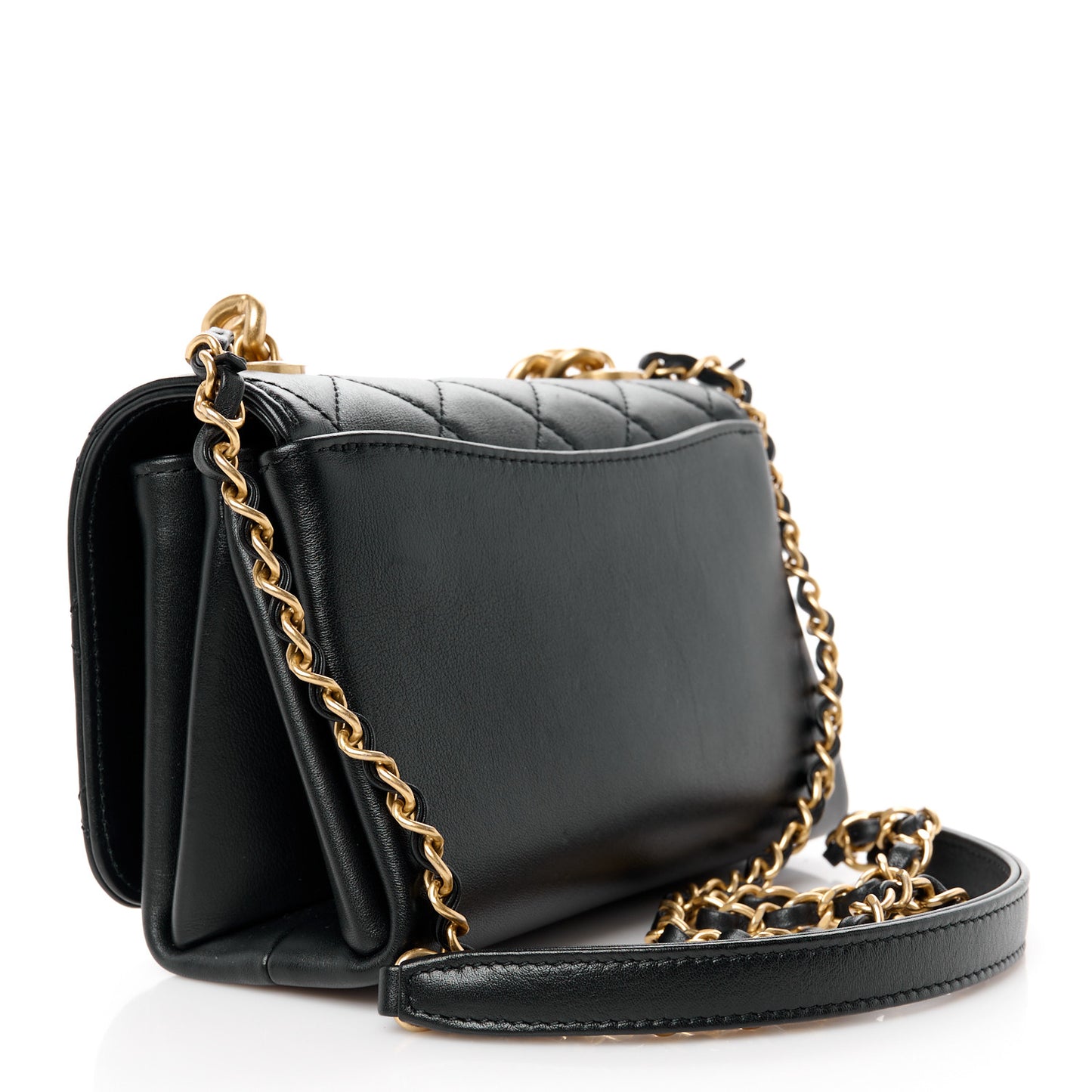 Calfskin Quilted Pearl Jewel Chain Flap Black