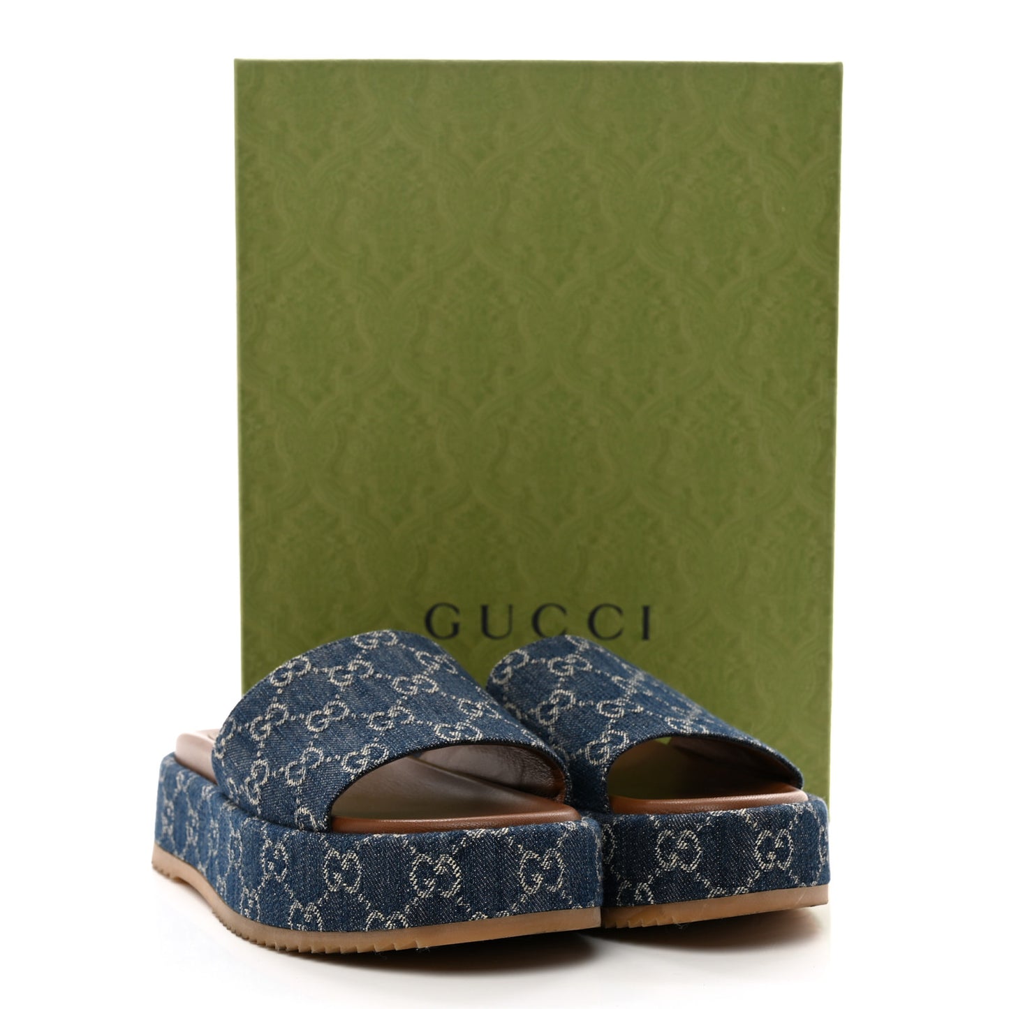 New Denim GG Monogram Angelina Platform 55mm Slide Sandals 40.5 Blue Tea