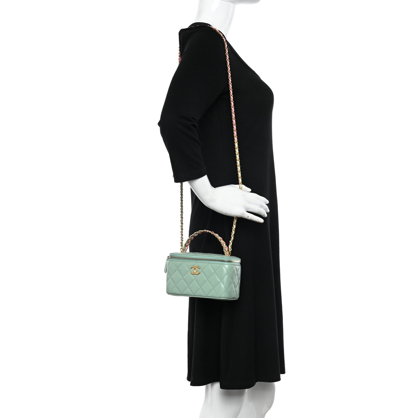 Shiny Calfskin Quilted Small Top Handle Vanity Case With Chain Light Green