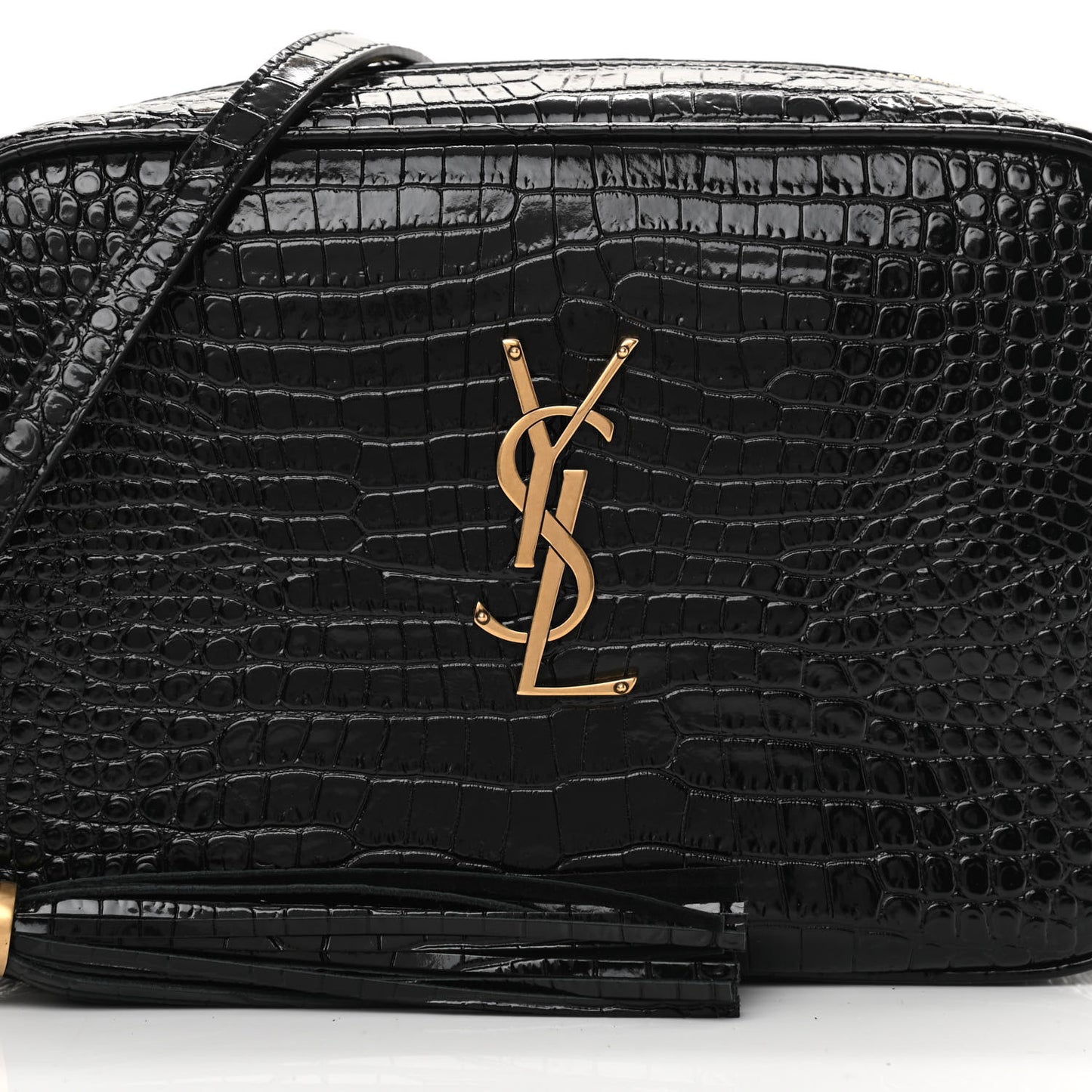 Patent Calfskin Crocodile Embossed Monogram Lou Camera Bag Black