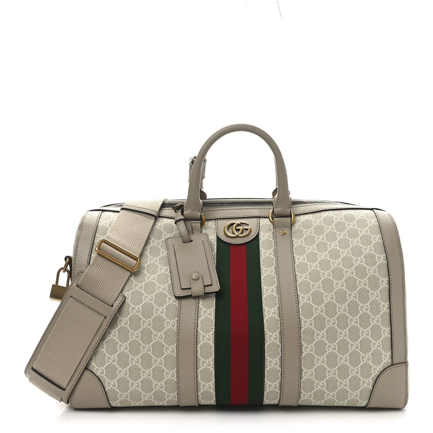 GG Supreme Monogram Textured Dollar Calfskin Web Medium Savoy Duffle Bag Beige Mystic White Oatmeal