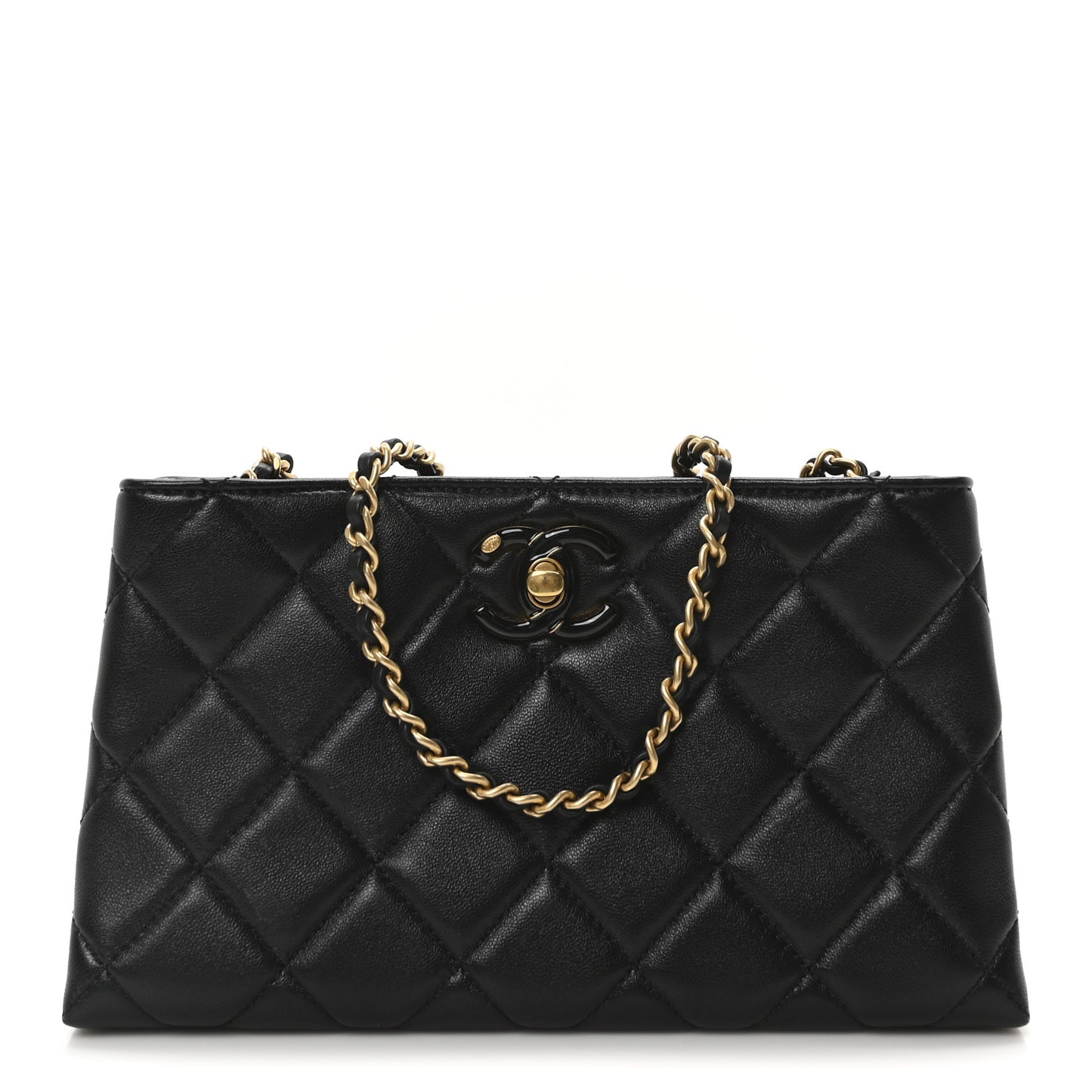 Lambskin Quilted Enamel Mini Shopping Bag Black