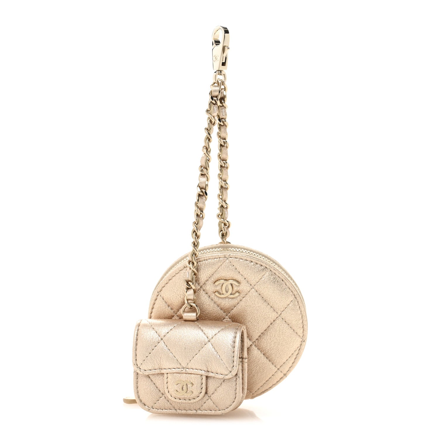 Chanel Metallic Lambskin Quilted Round Clip On Coin Purse Airpods