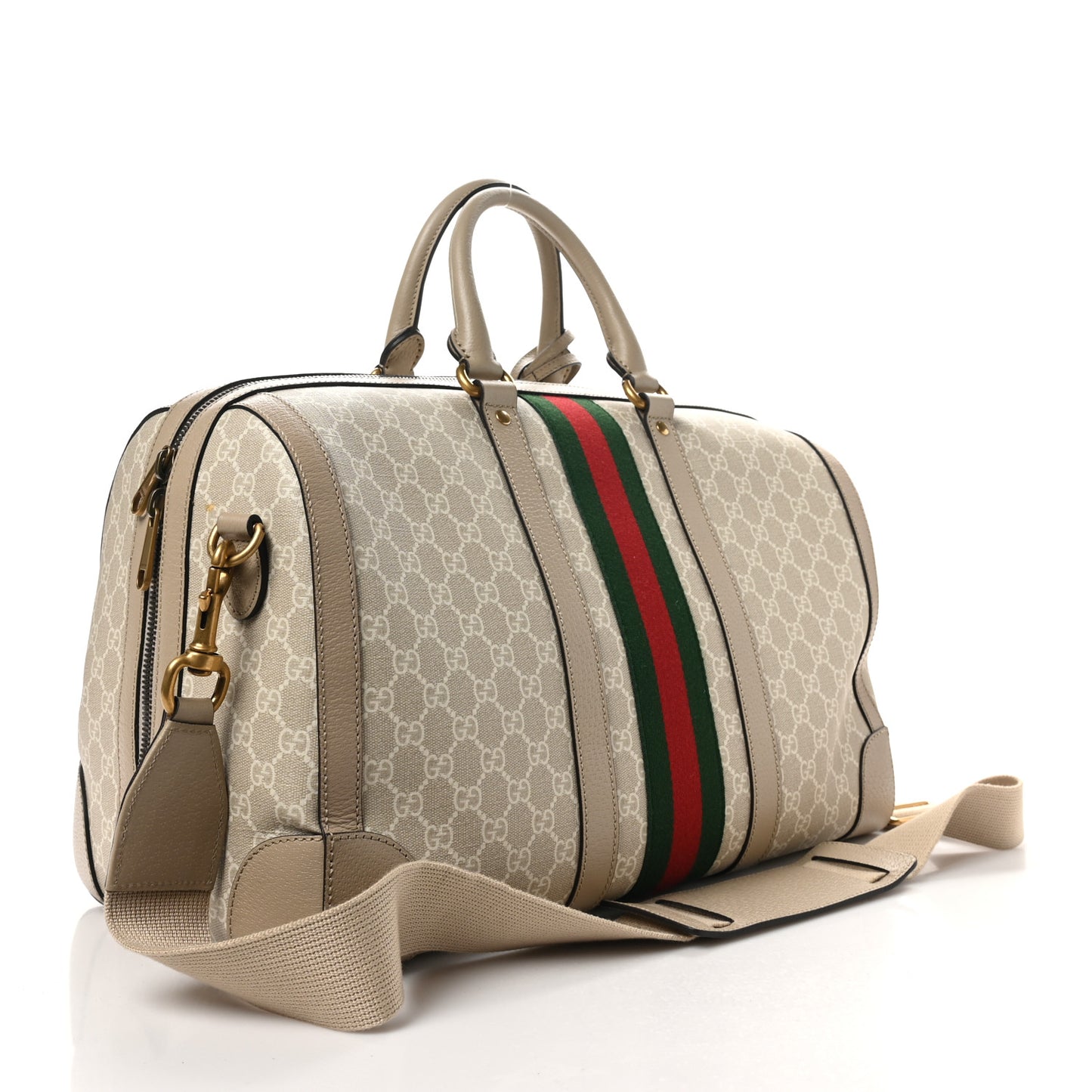 GG Supreme Monogram Textured Dollar Calfskin Web Medium Savoy Duffle Bag Beige Mystic White Oatmeal