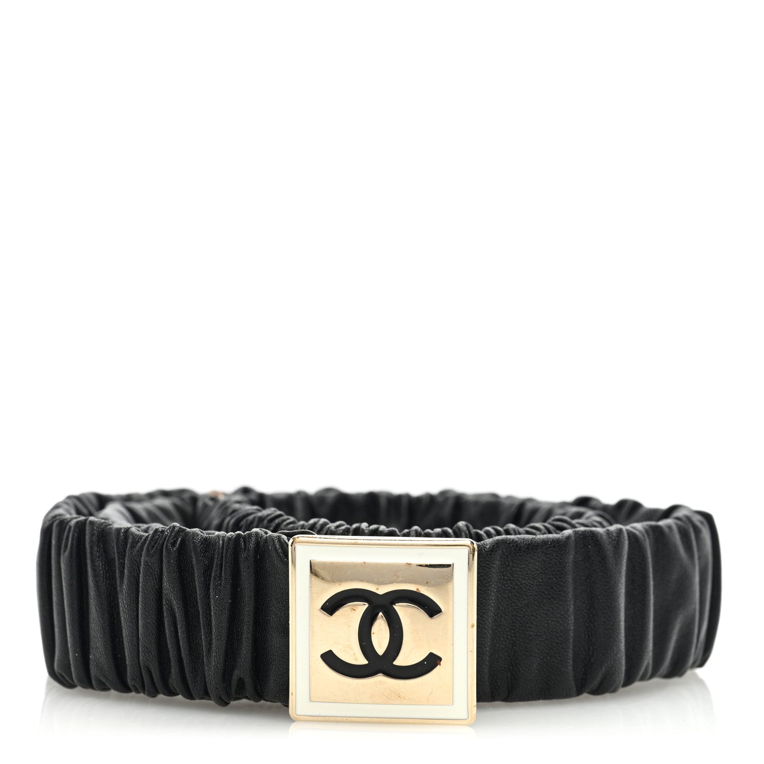 Chanel Lambskin Ruched Enamel CC Belt 85 34 Black White 1 of 4
