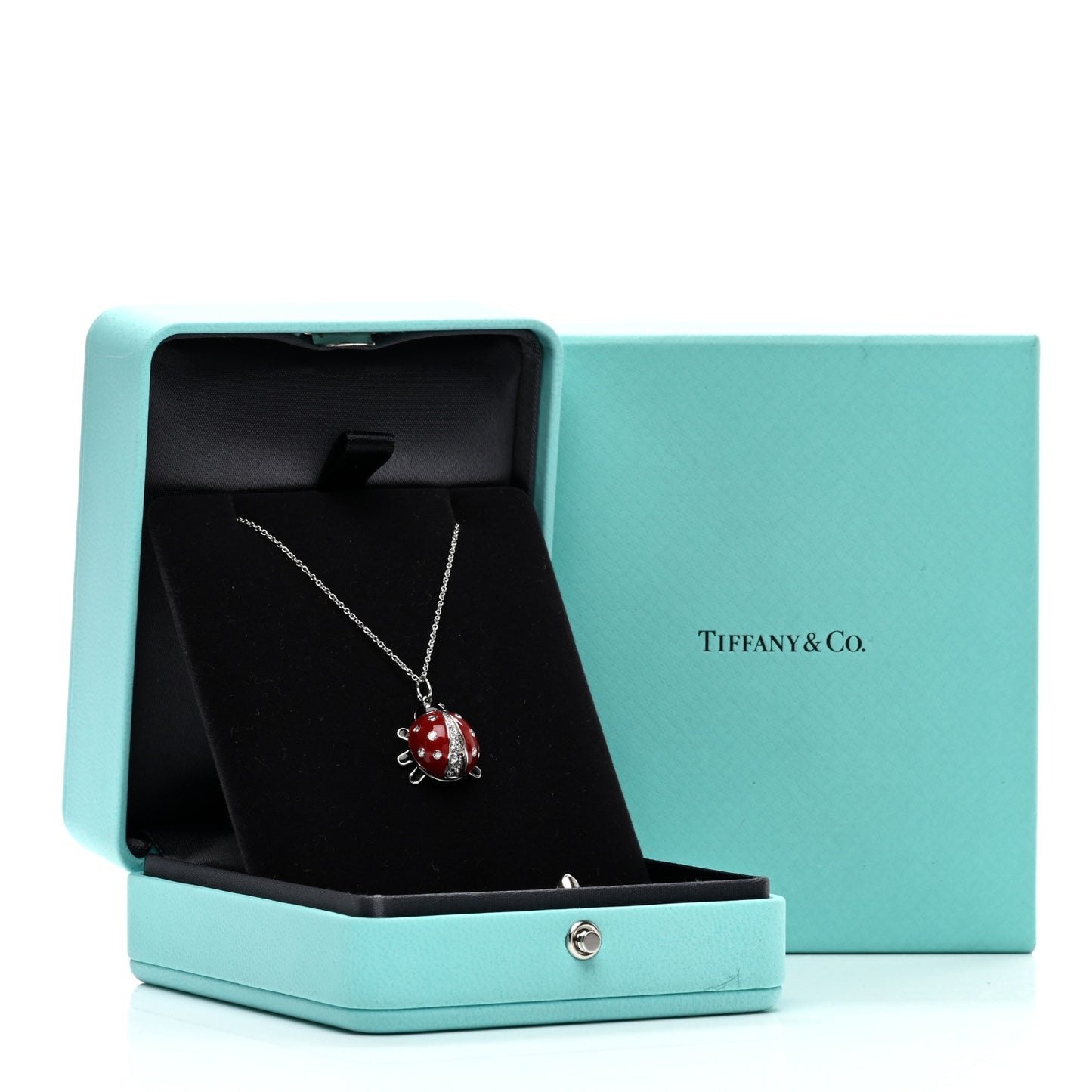 Platinum Diamond Enamel Ladybug Pendant Necklace Red Black