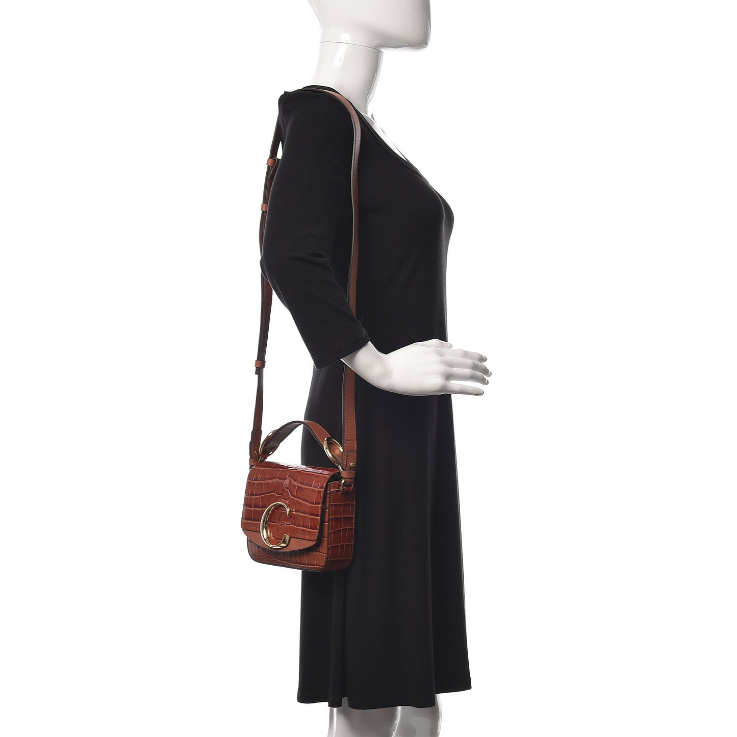 Calfskin Crocodile Embossed Mini C Double Carry Chestnut Brown