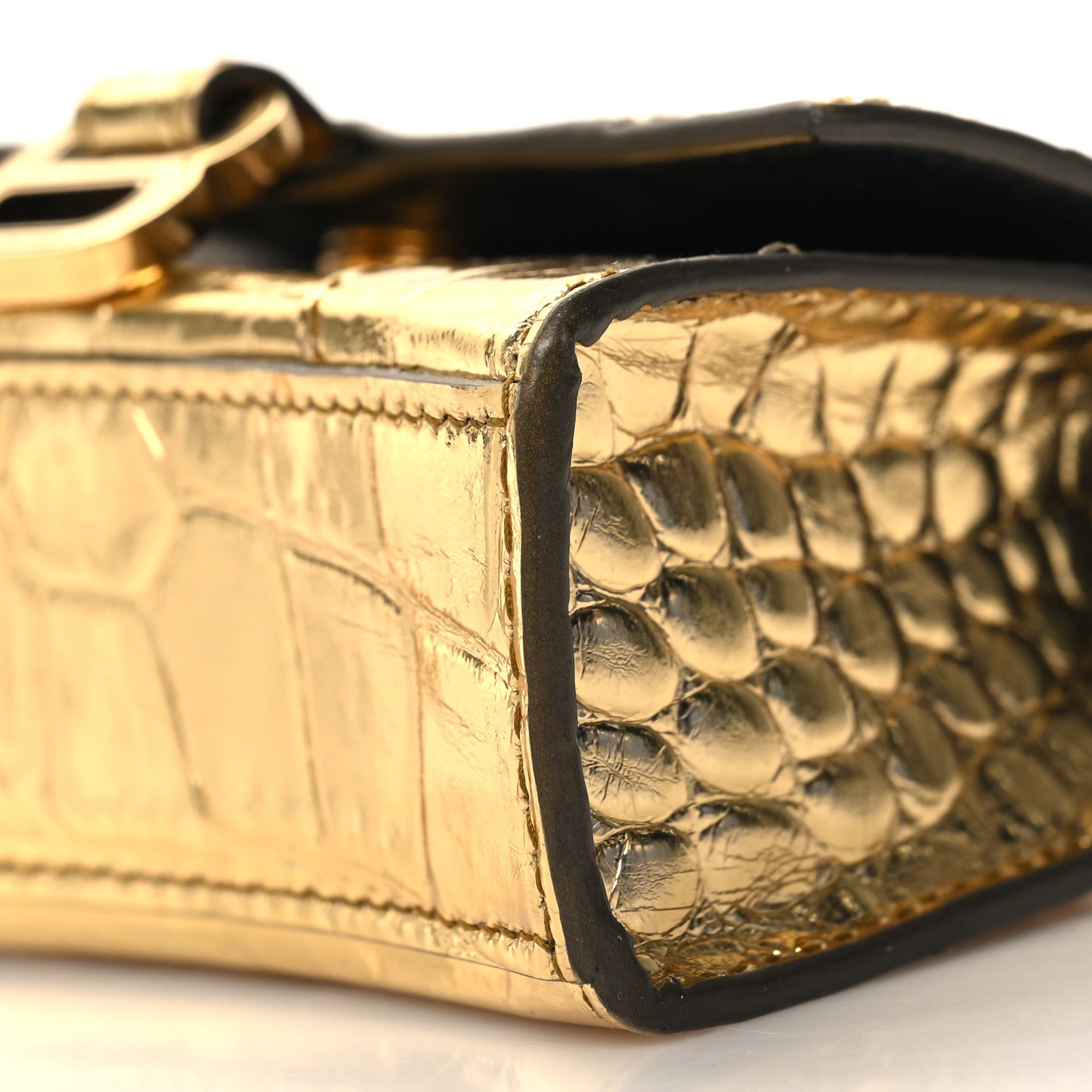 Metallic Calfskin Crocodile Embossed Hourglass Top Handle Bag Mini with Chain Gold