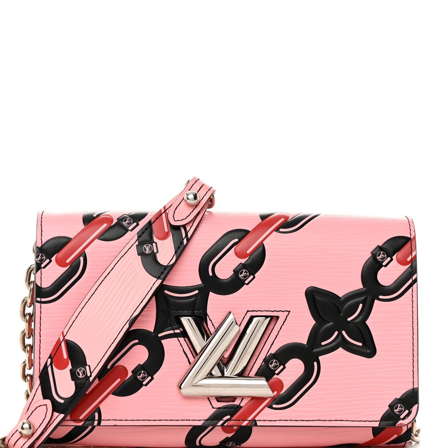 Epi Chain Flower Print Twist Chain Wallet Pink