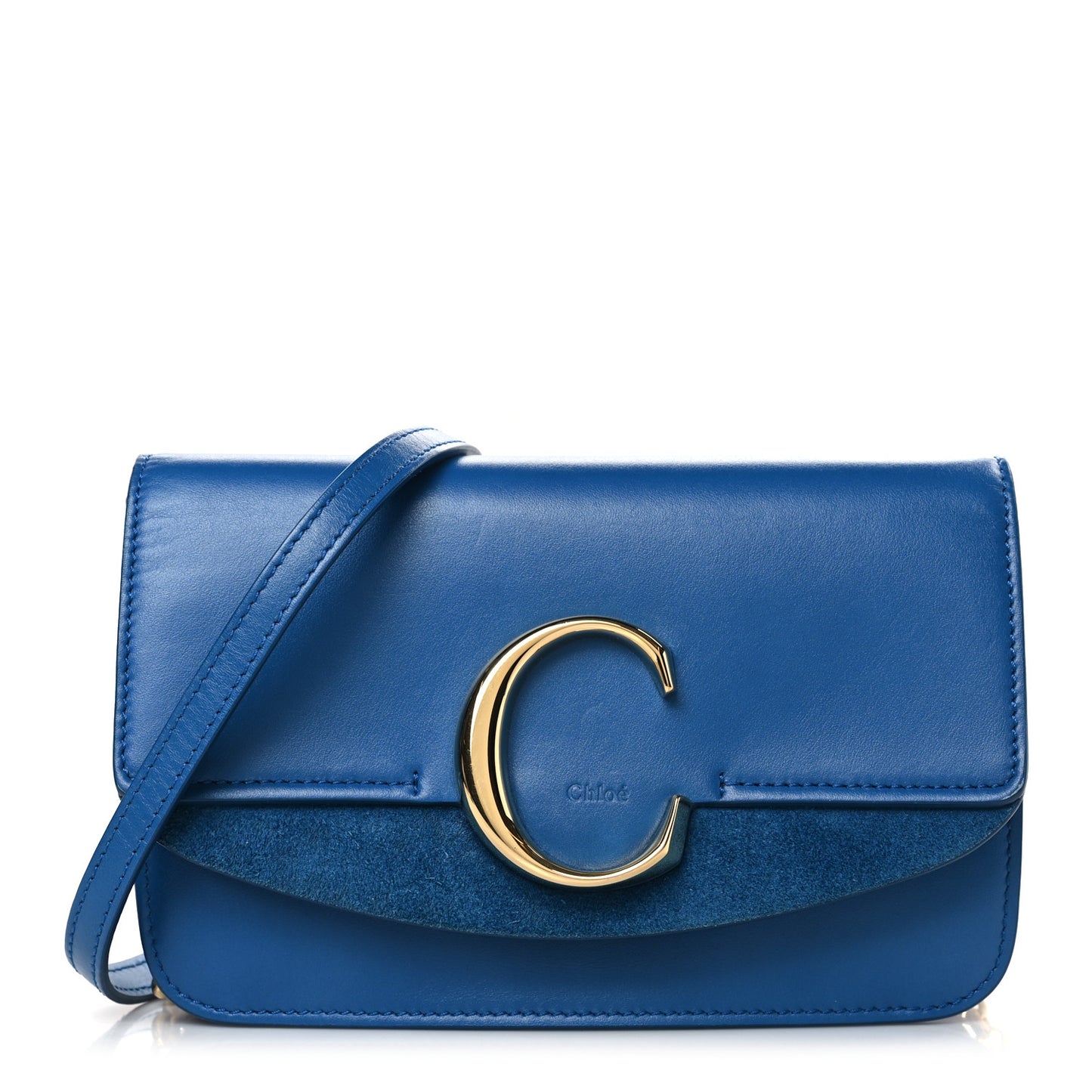Calfskin Suede C Clutch With Chain Smoky Blue