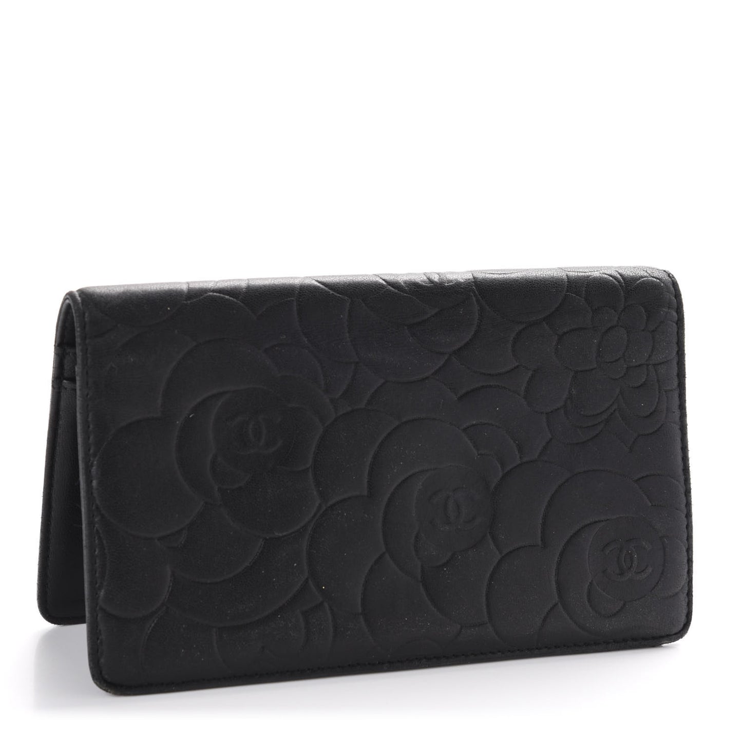 Lambskin Camellia Embossed Yen Wallet Black