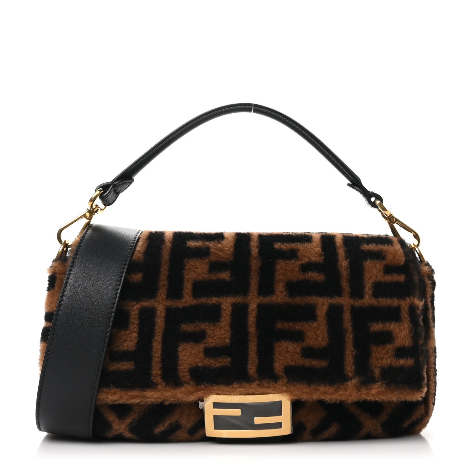 Fendi Shearling Vitello Dolce Macro FF 1974 Baguette Tobacco Black 1 of 10