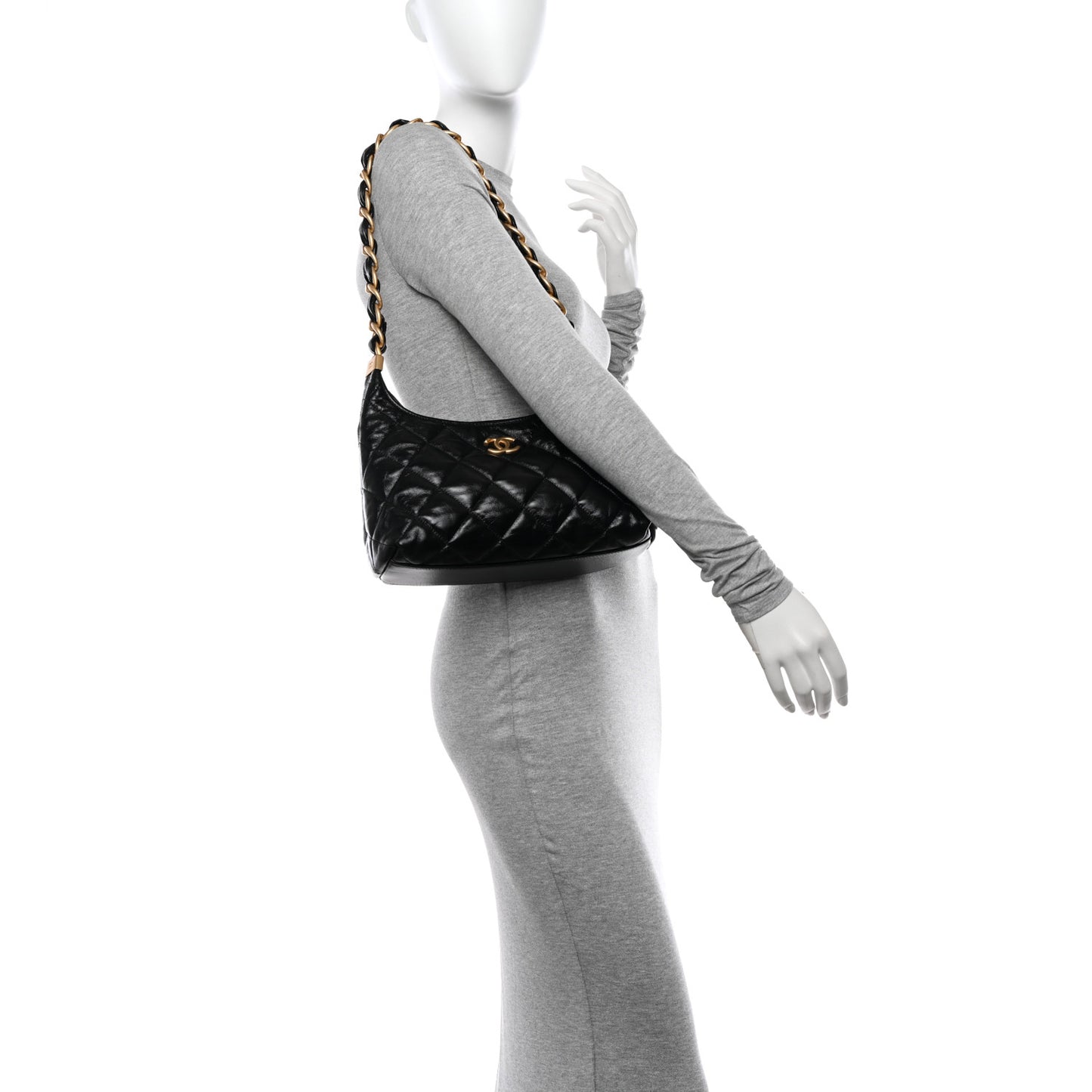 Shiny Crumpled Lambskin Quilted Medium CC Funky Town Hobo Black