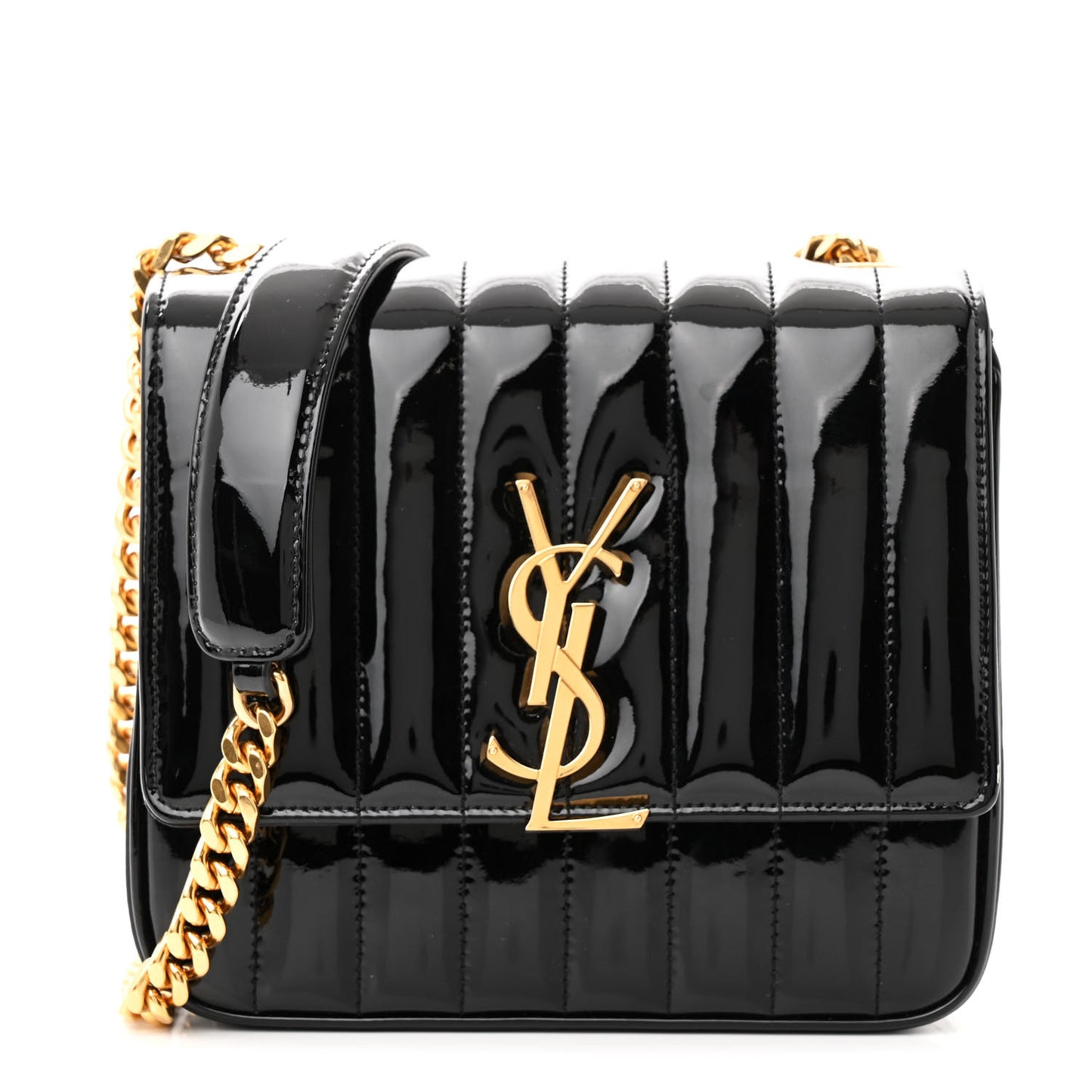 Patent Calfskin Matelasse Monogram Medium Vicky Chain Bag Black