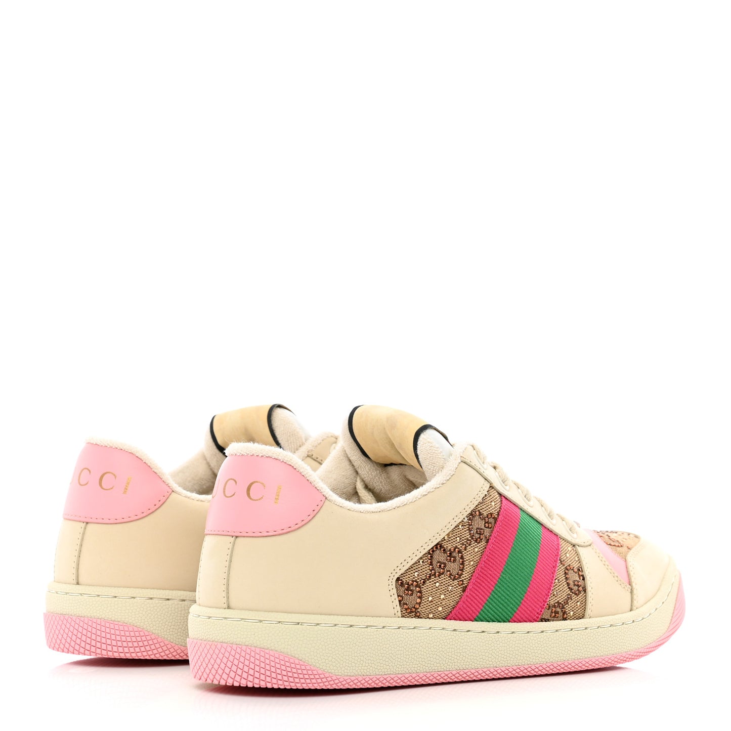 Calfskin GG Supreme Crystals Web Screener Sneakers 37.5 Beige Ebony Wild Rose