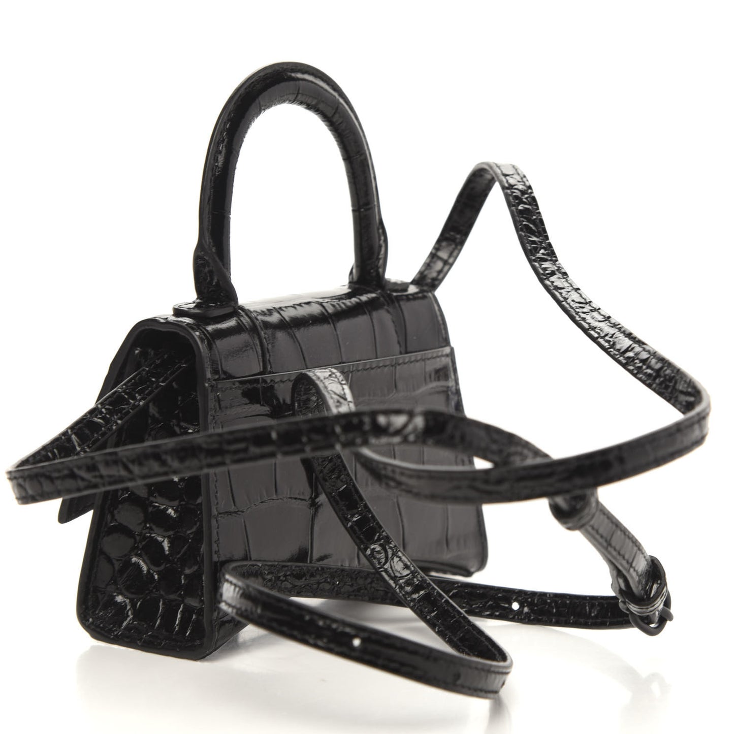 Shiny Calfskin Monochrome Crocodile Embossed Hourglass Top Handle Bag Mini Black