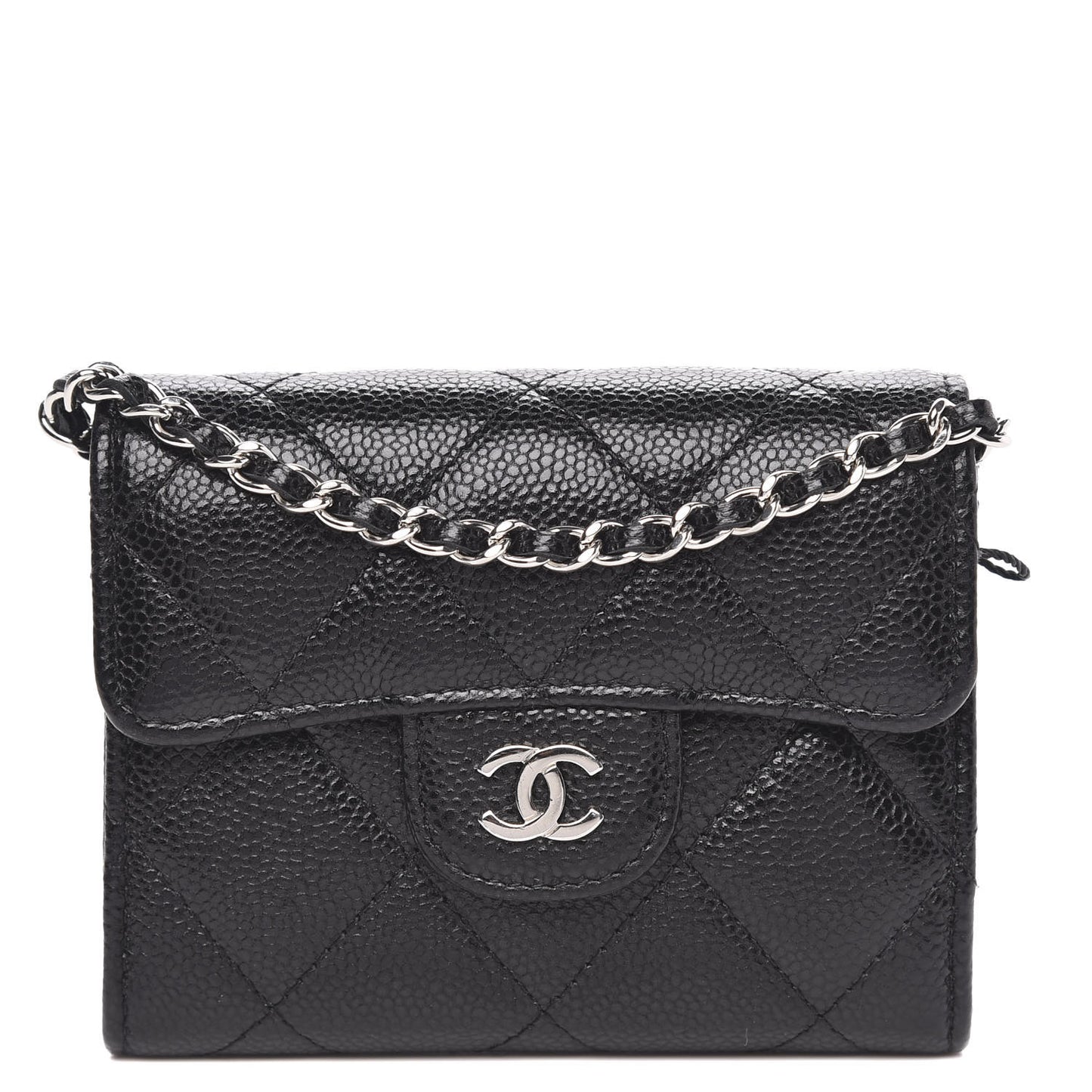 Caviar Quilted Flap Card Holder On Chain Black