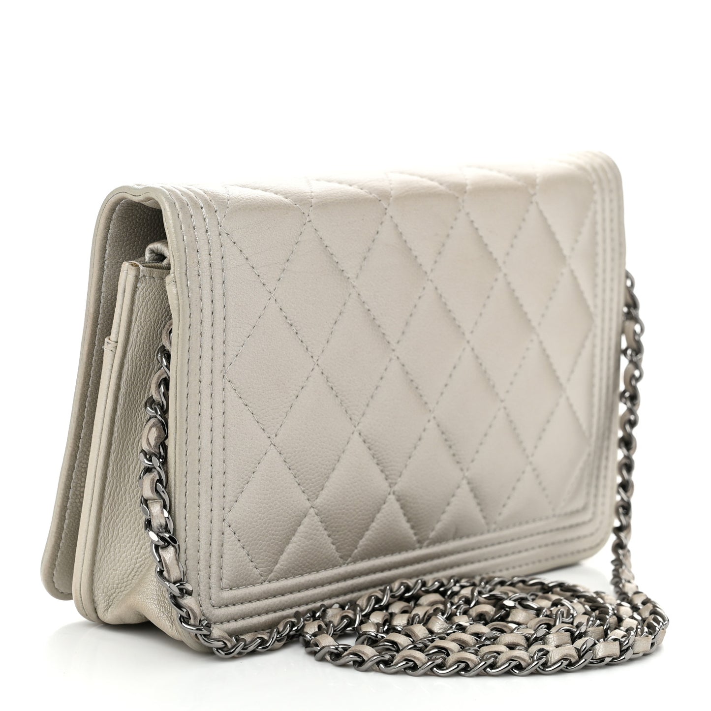 Metallic Caviar Quilted Boy Wallet On Chain WOC Silver