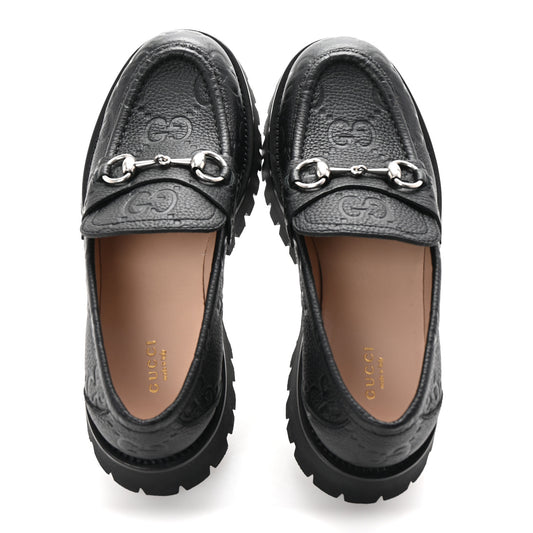 Piuma Calfskin Embossed Womens Platform Lug Sole Loafers 40 Black