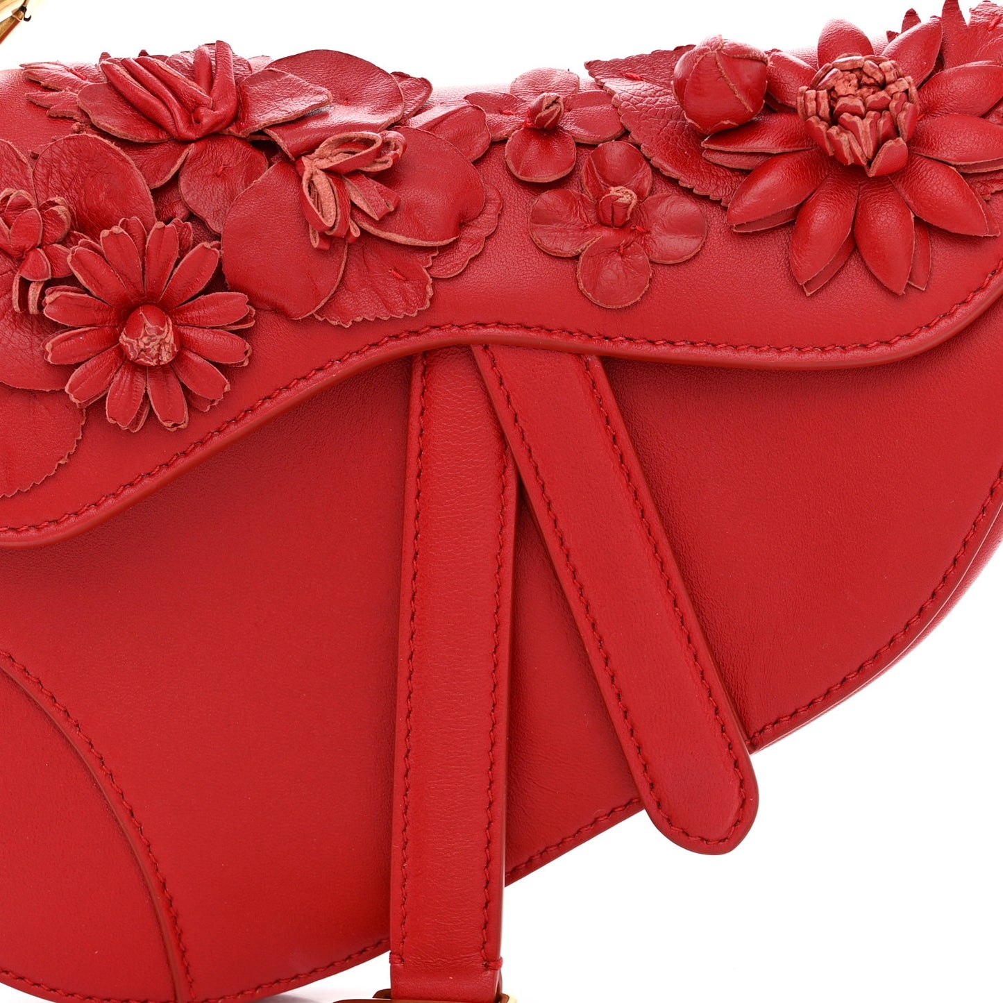 CHRISTIAN DIOR Lambskin Mini 3D Floral Saddle Bag Red