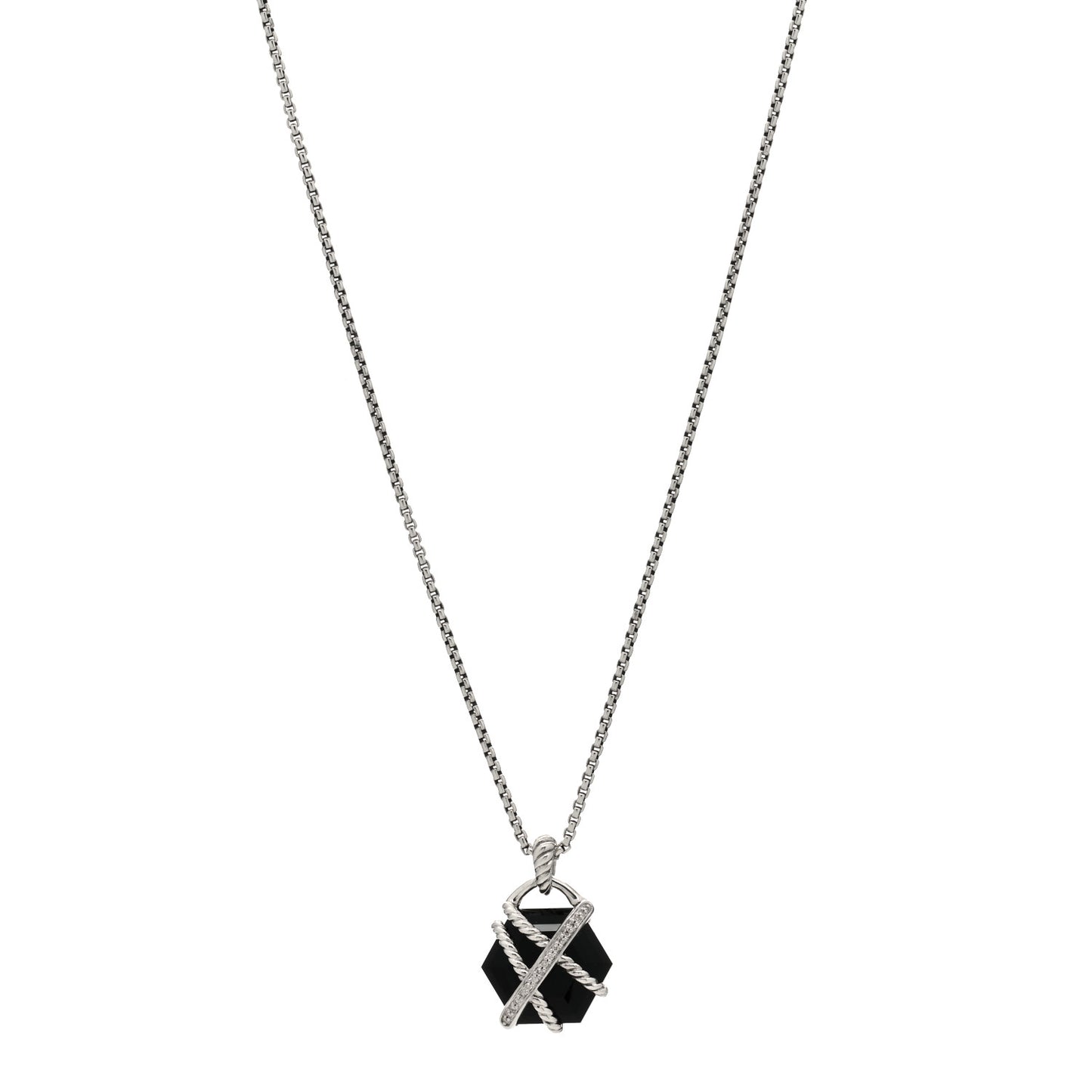 Sterling Silver Diamond Black Onyx 16mm Cable Wrap Pendant Necklace