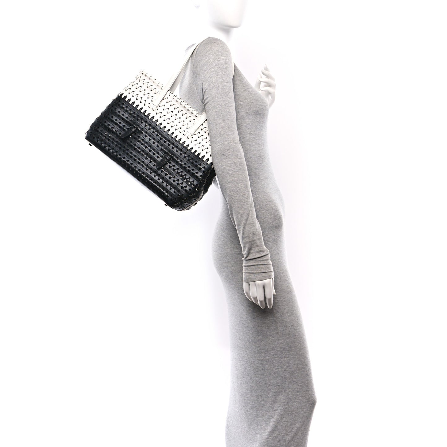 Woven Calfskin Mina Tote Black White