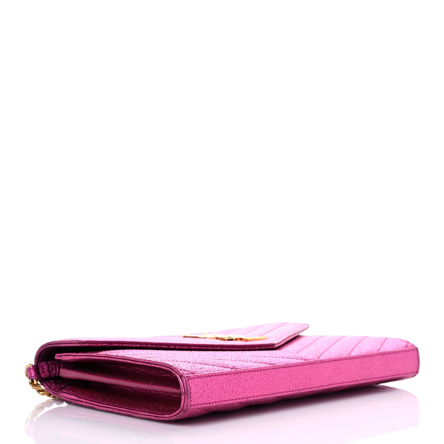Metallic Crackled Calfskin Matelasse Chevron Monogram Chain Wallet Fuchsia