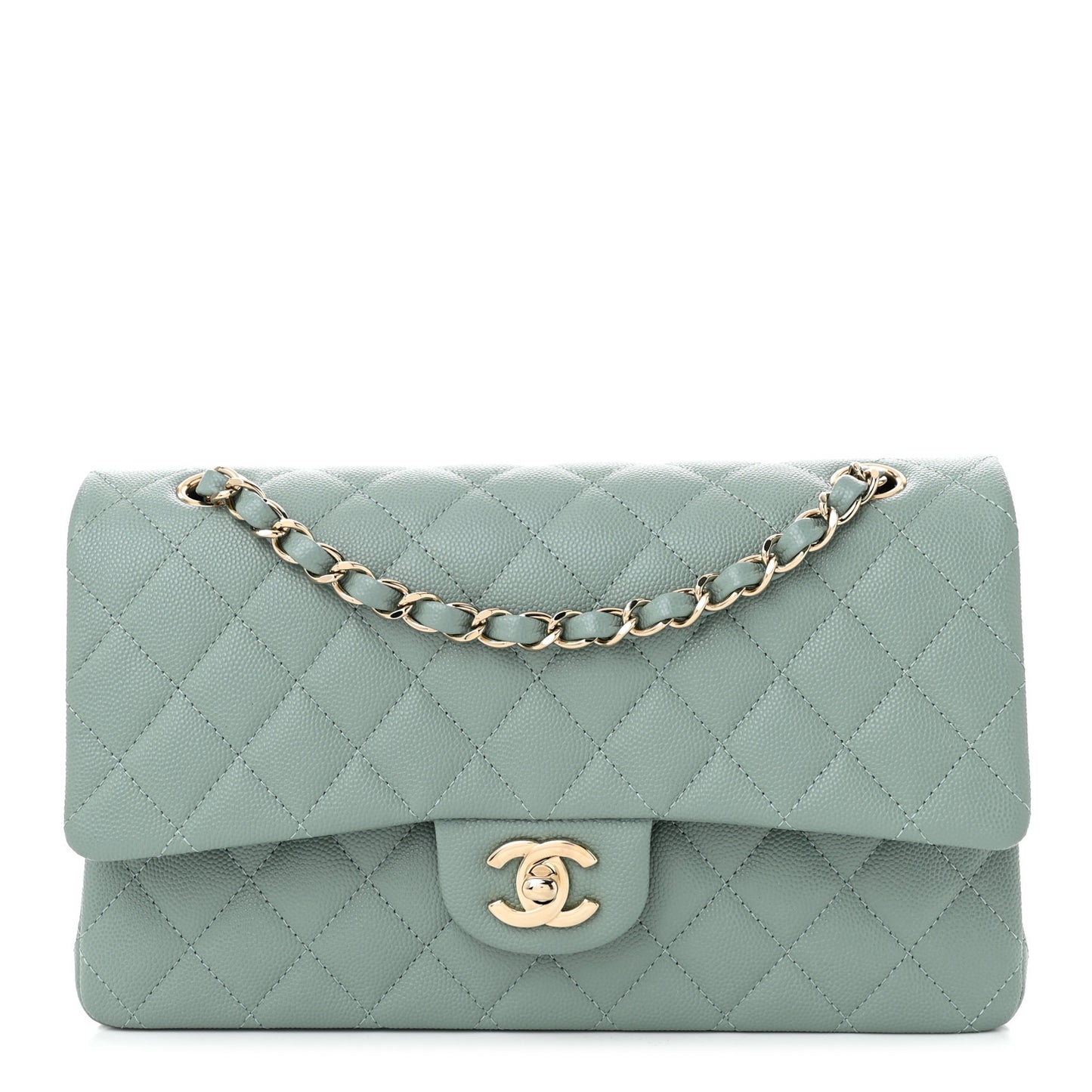 Caviar Quilted Medium Double Flap Light Blue