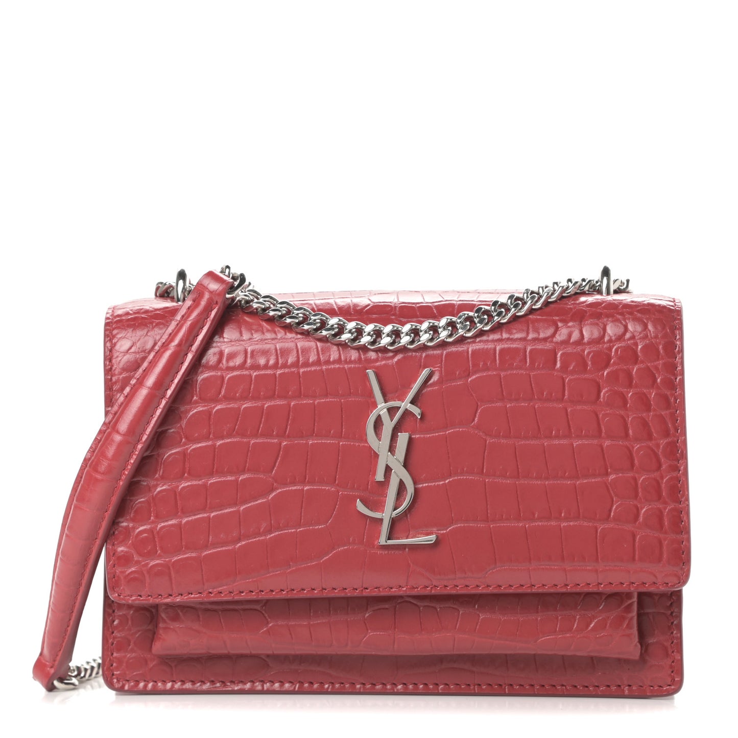 Calfskin Crocodile Embossed Monogram Sunset Chain Wallet Rouge Eros