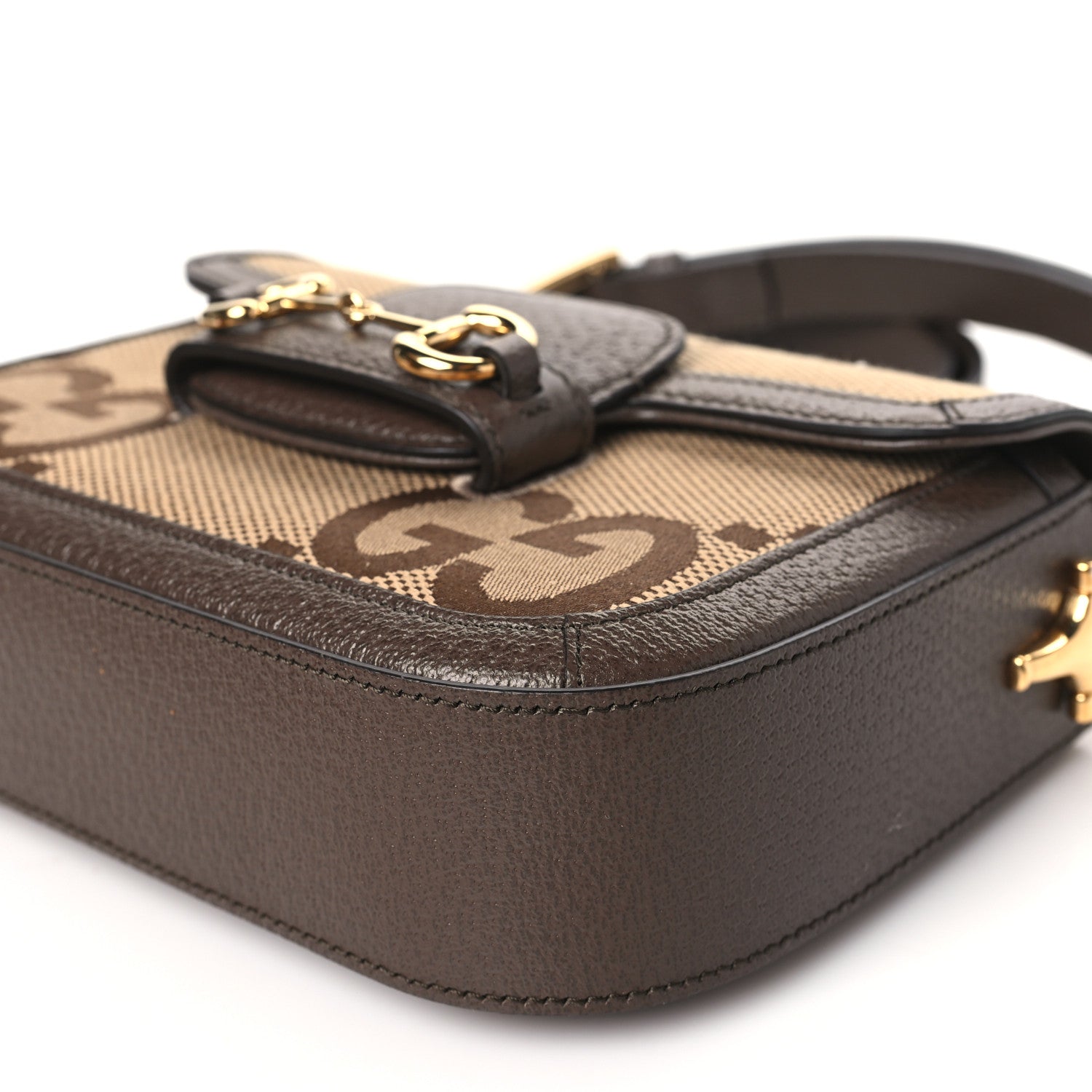 Gucci Monogram Jumbo GG Textured Dollar Calfskin Web Mini Horsebit 1955 Shoulder Bag Camel Ebony New Acero 10 of 11