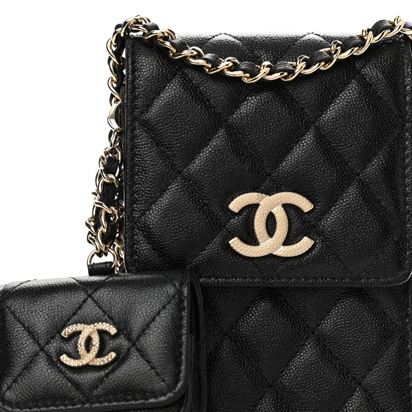 Caviar Quilted CC Airpods Pro and Phone Case With Chain Black