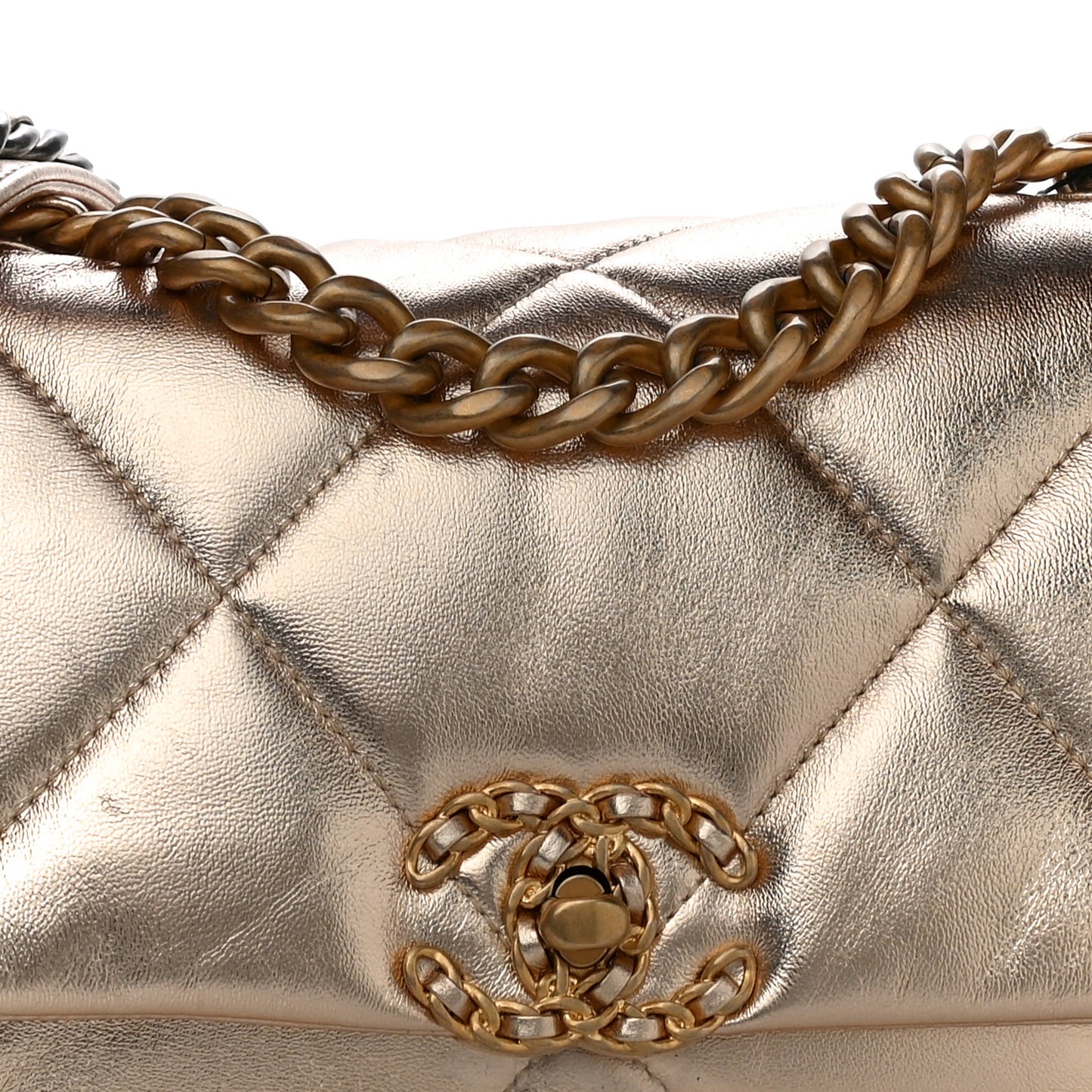 Metallic Lambskin Quilted Medium Chanel 19 Flap Gold
