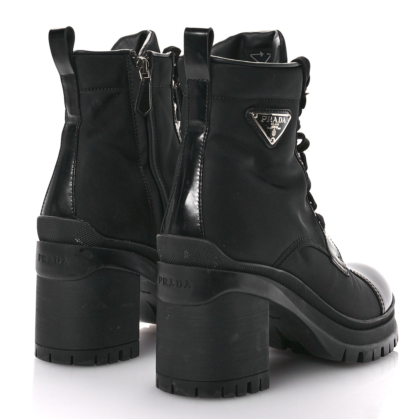Spazzolato Re-Nylon Metal Triangle Logo Lace Up 55mm Ankle Boots 39 Black